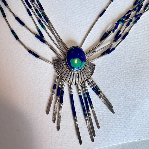 Vintage Liquid Sterling Silver QT Azurite Malachite Navajo Necklace Earrings Set - Picture 1 of 10